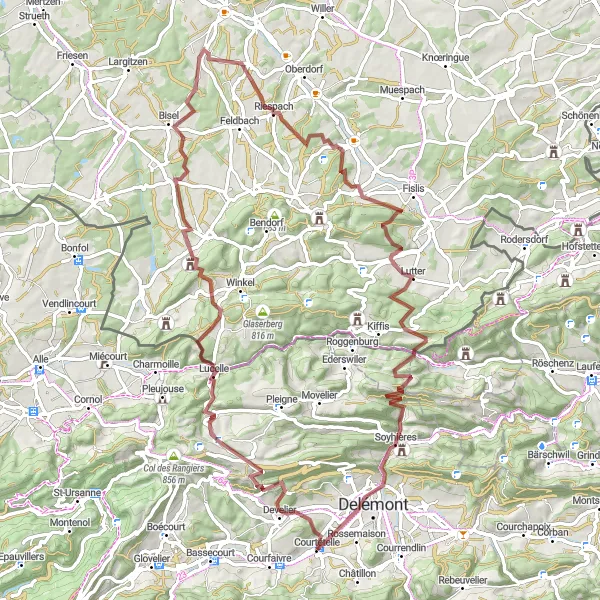Mapa miniatúra "Jura Mountain Gravel Challenge" cyklistická inšpirácia v Espace Mittelland, Switzerland. Vygenerované cyklistickým plánovačom trás Tarmacs.app