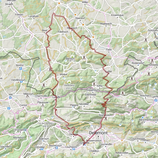 Miniature de la carte de l'inspiration cycliste "Boucle de Bourrignon" dans la Espace Mittelland, Switzerland. Générée par le planificateur d'itinéraire cycliste Tarmacs.app