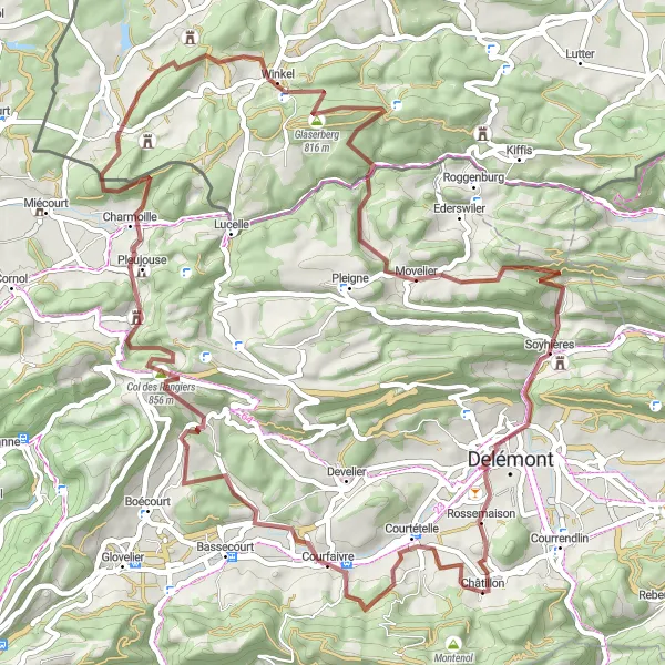 Miniature de la carte de l'inspiration cycliste "Tour des Rangiers et Montchaibeux" dans la Espace Mittelland, Switzerland. Générée par le planificateur d'itinéraire cycliste Tarmacs.app