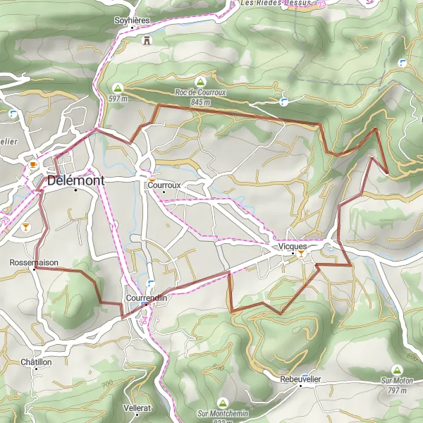 Miniatua del mapa de inspiración ciclista "Exploración Gravélica de Courrendlin" en Espace Mittelland, Switzerland. Generado por Tarmacs.app planificador de rutas ciclistas