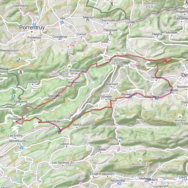 Miniature de la carte de l'inspiration cycliste "Boucle du Jura en Gravel" dans la Espace Mittelland, Switzerland. Générée par le planificateur d'itinéraire cycliste Tarmacs.app