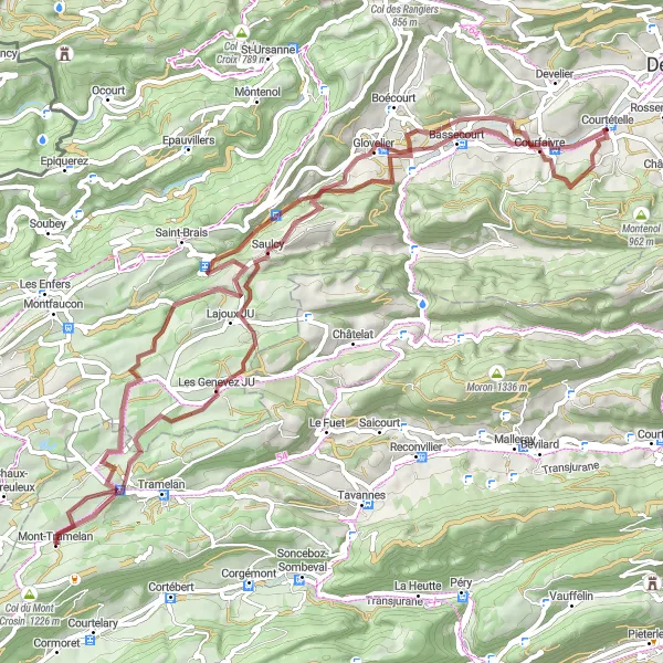 Map miniature of "Jura Gravel Adventure" cycling inspiration in Espace Mittelland, Switzerland. Generated by Tarmacs.app cycling route planner