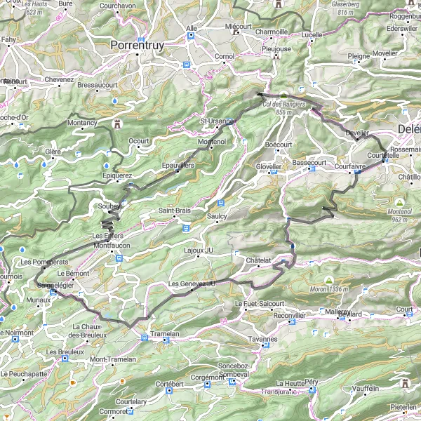 Karttaminiaatyyri "Jura Heights Loop" pyöräilyinspiraatiosta alueella Espace Mittelland, Switzerland. Luotu Tarmacs.app pyöräilyreittisuunnittelijalla