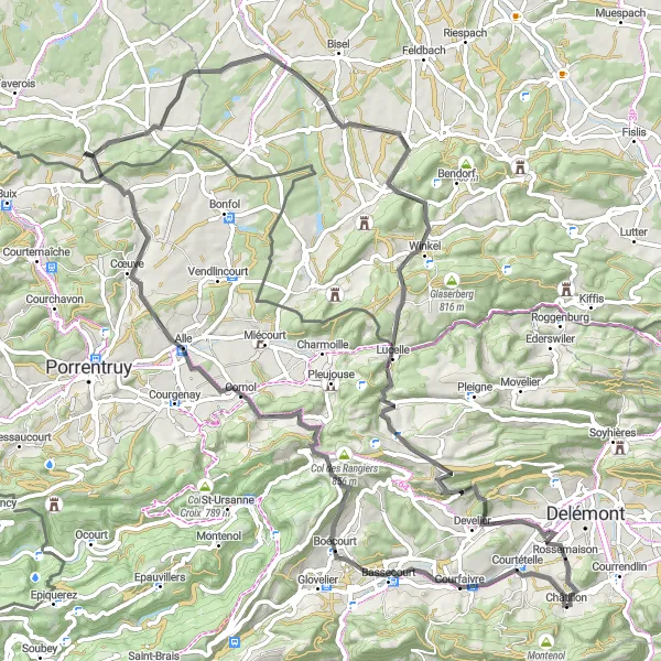 Miniatua del mapa de inspiración ciclista "Ruta de ciclismo de carretera Courtételle - Châtillon" en Espace Mittelland, Switzerland. Generado por Tarmacs.app planificador de rutas ciclistas