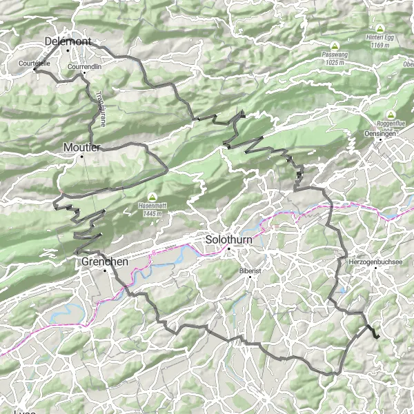 Miniatura della mappa di ispirazione al ciclismo "Giro Panoramico Tra i Monti del Giura" nella regione di Espace Mittelland, Switzerland. Generata da Tarmacs.app, pianificatore di rotte ciclistiche