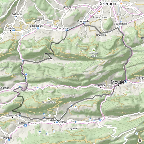 Zemljevid v pomanjšavi "Cestna kolesarska tura do Château du Moutier - Pontenet - Les Craux - Undervelier - Frénois - Courtételle" kolesarske inspiracije v Espace Mittelland, Switzerland. Generirano z načrtovalcem kolesarskih poti Tarmacs.app