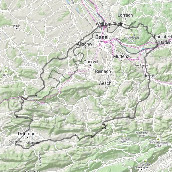 Miniatua del mapa de inspiración ciclista "Ruta de ciclismo de carretera Courtételle - Courrendlin" en Espace Mittelland, Switzerland. Generado por Tarmacs.app planificador de rutas ciclistas