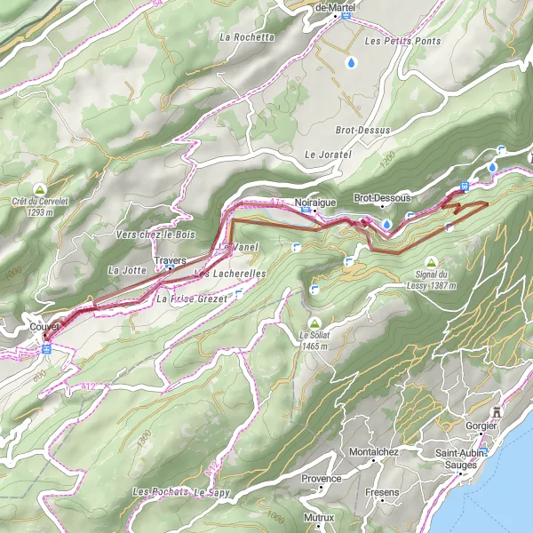 Mapa miniatúra "Krátky gravelový okruh od Couvet" cyklistická inšpirácia v Espace Mittelland, Switzerland. Vygenerované cyklistickým plánovačom trás Tarmacs.app