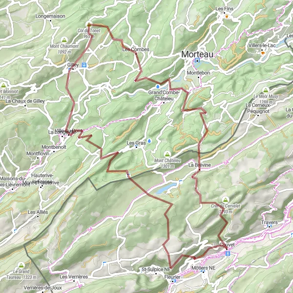 Map miniature of "Gravel Route: Couvet - Fleurier - La Brévine" cycling inspiration in Espace Mittelland, Switzerland. Generated by Tarmacs.app cycling route planner