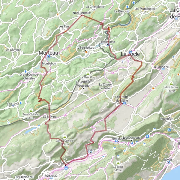Miniatura mapy "Trasa Gravelowa przez Crêt du Cervelet i Les Brenets" - trasy rowerowej w Espace Mittelland, Switzerland. Wygenerowane przez planer tras rowerowych Tarmacs.app