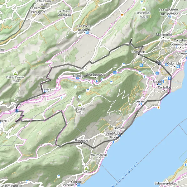 Kartminiatyr av "Historiska vägar runt Couvet" cykelinspiration i Espace Mittelland, Switzerland. Genererad av Tarmacs.app cykelruttplanerare