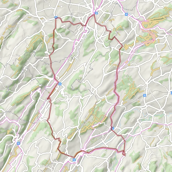 Zemljevid v pomanjšavi "Gravel krožna pot od Cugyja" kolesarske inspiracije v Espace Mittelland, Switzerland. Generirano z načrtovalcem kolesarskih poti Tarmacs.app