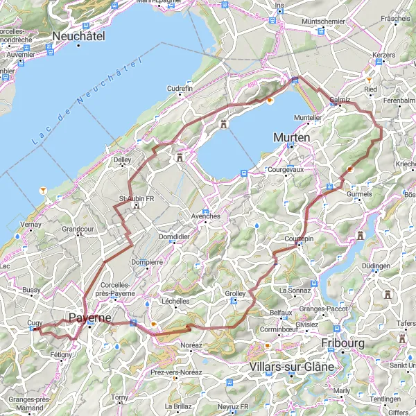 Zemljevid v pomanjšavi "Gravel pot okoli Cugyja" kolesarske inspiracije v Espace Mittelland, Switzerland. Generirano z načrtovalcem kolesarskih poti Tarmacs.app