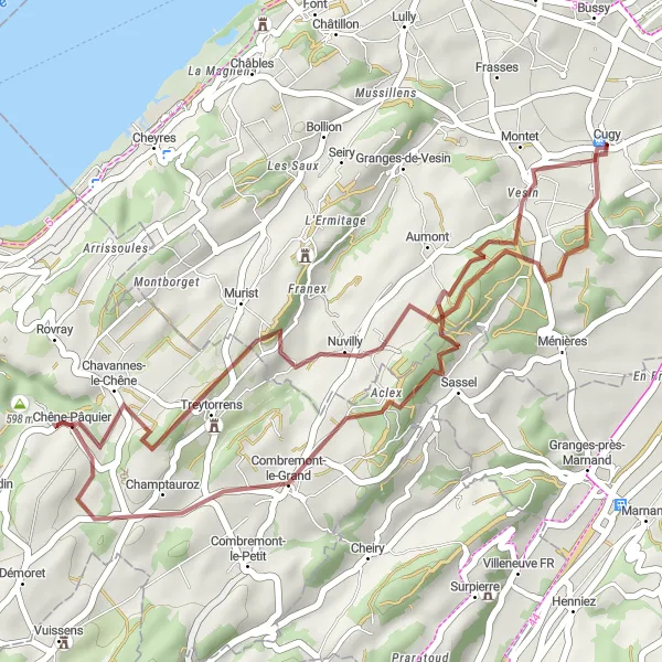Miniature de la carte de l'inspiration cycliste "Exploration de Nuvilly et Vesin en gravel" dans la Espace Mittelland, Switzerland. Générée par le planificateur d'itinéraire cycliste Tarmacs.app