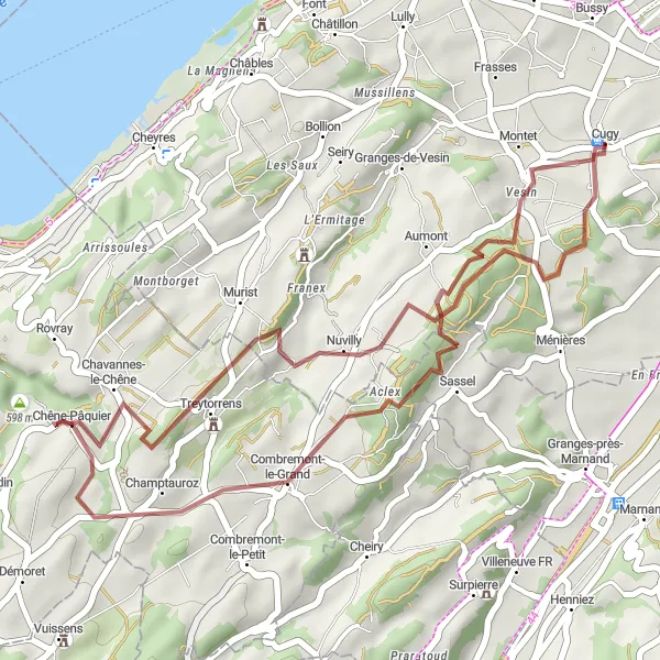 Miniaturní mapa "Trasa Nuvilly - Combremont-le-Grand" inspirace pro cyklisty v oblasti Espace Mittelland, Switzerland. Vytvořeno pomocí plánovače tras Tarmacs.app