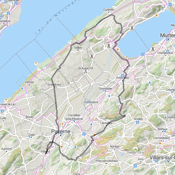 Zemljevid v pomanjšavi "Kolesarska pot okoli jezera Neuchâtel" kolesarske inspiracije v Espace Mittelland, Switzerland. Generirano z načrtovalcem kolesarskih poti Tarmacs.app