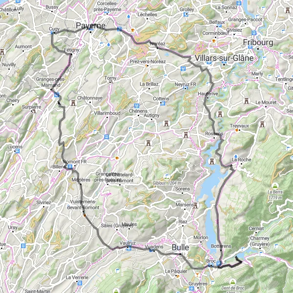 Miniaturekort af cykelinspirationen "Gruyères Loop" i Espace Mittelland, Switzerland. Genereret af Tarmacs.app cykelruteplanlægger