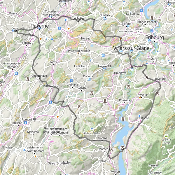 Miniatua del mapa de inspiración ciclista "Ruta de ciclismo de carretera Cugy - Léchelles - Ependes - Lac de la Gruyère - Vuippens - Villarsiviriaux - Trey" en Espace Mittelland, Switzerland. Generado por Tarmacs.app planificador de rutas ciclistas