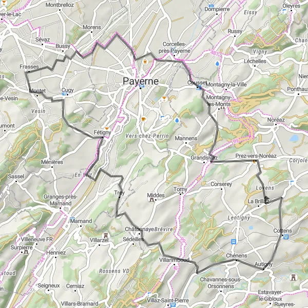 Zemljevid v pomanjšavi "Krožna kolesarska pot od Cugyja" kolesarske inspiracije v Espace Mittelland, Switzerland. Generirano z načrtovalcem kolesarskih poti Tarmacs.app