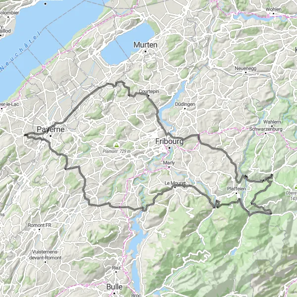 Miniatua del mapa de inspiración ciclista "Ruta de ciclismo de carretera Cugy - Domdidier - Cormérod - Foto-Spot Fribourg - Zumholz - Schwendelberg - Sangernboden - Sankt Silvester - Rossens - Torny" en Espace Mittelland, Switzerland. Generado por Tarmacs.app planificador de rutas ciclistas