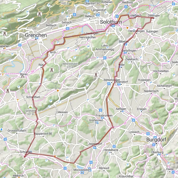 Kartminiatyr av "Utforsk Deitingen til Solothurn på grusvei" sykkelinspirasjon i Espace Mittelland, Switzerland. Generert av Tarmacs.app sykkelrutoplanlegger