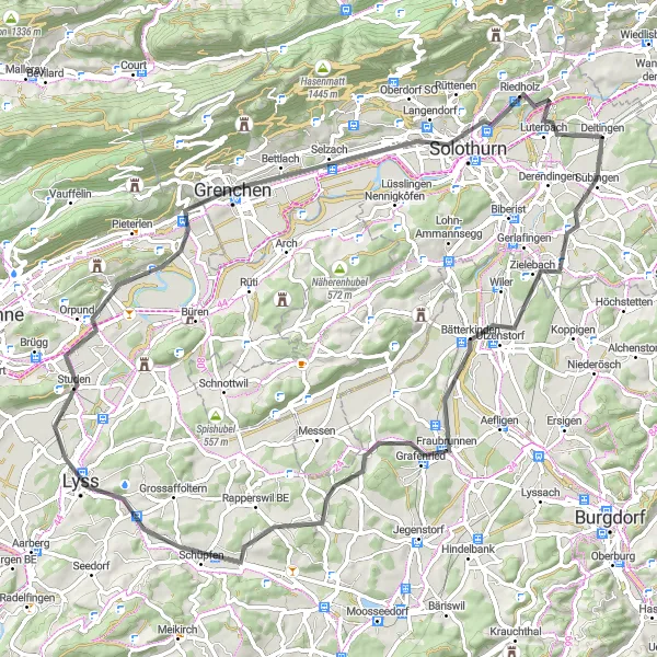 Miniatuurkaart van de fietsinspiratie "Rondrit via Zielebach, Fraubrunnen, Lyss en Grenchen" in Espace Mittelland, Switzerland. Gemaakt door de Tarmacs.app fietsrouteplanner
