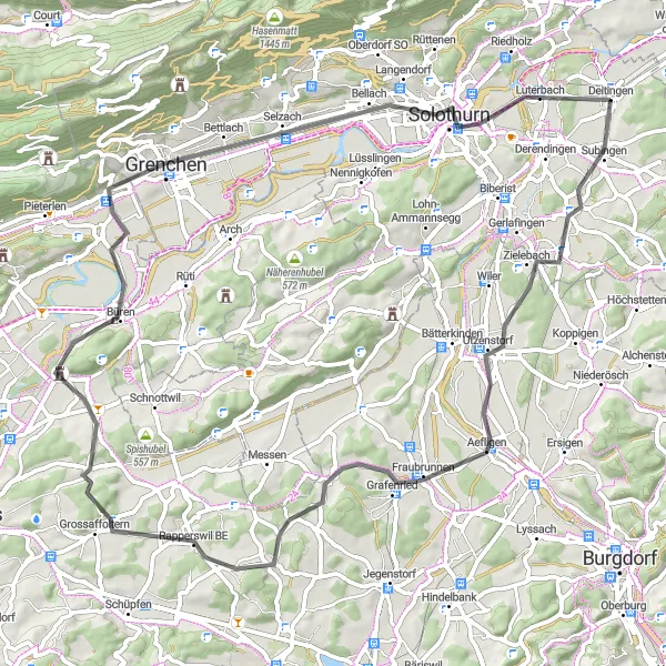 Miniatura della mappa di ispirazione al ciclismo "Tour in bicicletta di 72 km tra Deitingen e Solothurn" nella regione di Espace Mittelland, Switzerland. Generata da Tarmacs.app, pianificatore di rotte ciclistiche