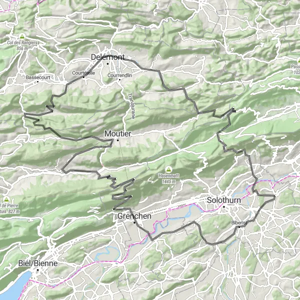 Karttaminiaatyyri "Haastava maantiepyöräilyreitti Deitingenin ympäristössä" pyöräilyinspiraatiosta alueella Espace Mittelland, Switzerland. Luotu Tarmacs.app pyöräilyreittisuunnittelijalla