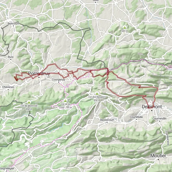 Miniatuurkaart van de fietsinspiratie "Gravelroute Delémont - Soyhières" in Espace Mittelland, Switzerland. Gemaakt door de Tarmacs.app fietsrouteplanner