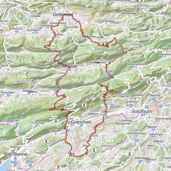 Zemljevid v pomanjšavi "Gravelska avantura Espace Mittelland" kolesarske inspiracije v Espace Mittelland, Switzerland. Generirano z načrtovalcem kolesarskih poti Tarmacs.app