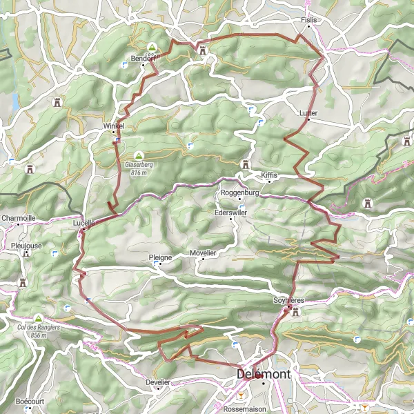 Map miniature of "Castles, Ruins, and Labyrinths: The Delémont Adventure" cycling inspiration in Espace Mittelland, Switzerland. Generated by Tarmacs.app cycling route planner