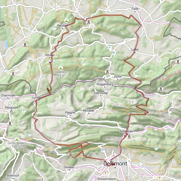 Miniature de la carte de l'inspiration cycliste "Les Châteaux du Jura" dans la Espace Mittelland, Switzerland. Générée par le planificateur d'itinéraire cycliste Tarmacs.app