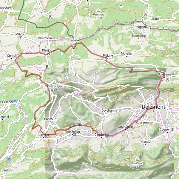 Miniatuurkaart van de fietsinspiratie "Gravelroute Delémont - Mont Russelin" in Espace Mittelland, Switzerland. Gemaakt door de Tarmacs.app fietsrouteplanner