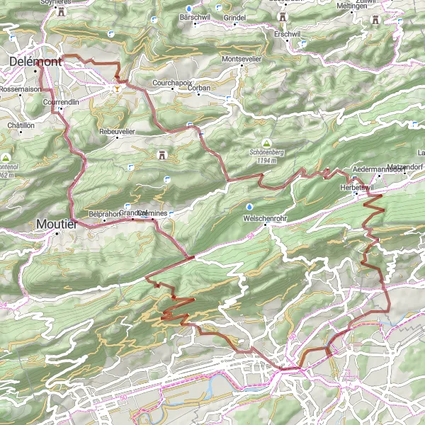 Mapa miniatúra "Gravelová trasa s náročnými stoupáními" cyklistická inšpirácia v Espace Mittelland, Switzerland. Vygenerované cyklistickým plánovačom trás Tarmacs.app