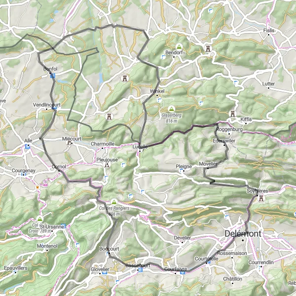 Map miniature of "The Jura Transverse Road Route" cycling inspiration in Espace Mittelland, Switzerland. Generated by Tarmacs.app cycling route planner