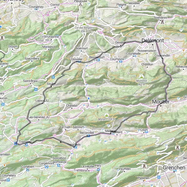 Map miniature of "Delémont to Mont Girod: A Scenic Road Cycling Adventure" cycling inspiration in Espace Mittelland, Switzerland. Generated by Tarmacs.app cycling route planner
