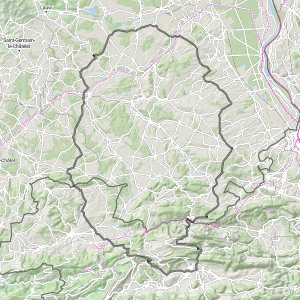 Miniatua del mapa de inspiración ciclista "Ruta de carretera a través de los Colores del Jura" en Espace Mittelland, Switzerland. Generado por Tarmacs.app planificador de rutas ciclistas
