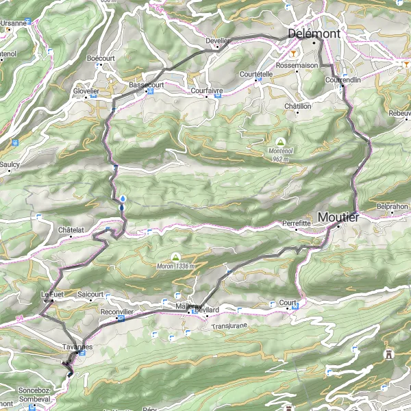 Miniatua del mapa de inspiración ciclista "Ruta de ciclismo de carretera a través de Delémont" en Espace Mittelland, Switzerland. Generado por Tarmacs.app planificador de rutas ciclistas
