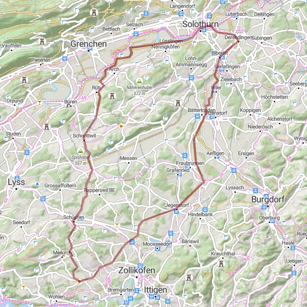 Miniature de la carte de l'inspiration cycliste "Tour de campagne à vélo près de Derendingen" dans la Espace Mittelland, Switzerland. Générée par le planificateur d'itinéraire cycliste Tarmacs.app