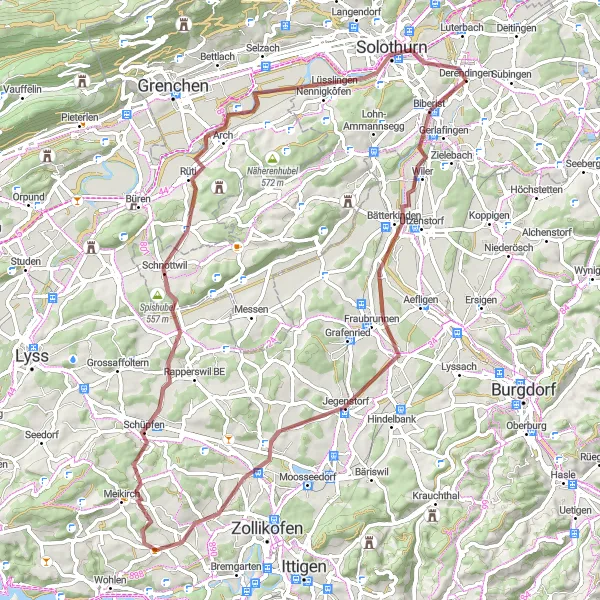 Miniatura della mappa di ispirazione al ciclismo "Gravel Tour del Mittelland" nella regione di Espace Mittelland, Switzerland. Generata da Tarmacs.app, pianificatore di rotte ciclistiche