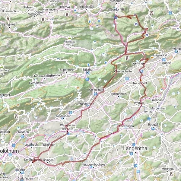 Map miniature of "Bolken and Waldenburg Gravel Route" cycling inspiration in Espace Mittelland, Switzerland. Generated by Tarmacs.app cycling route planner
