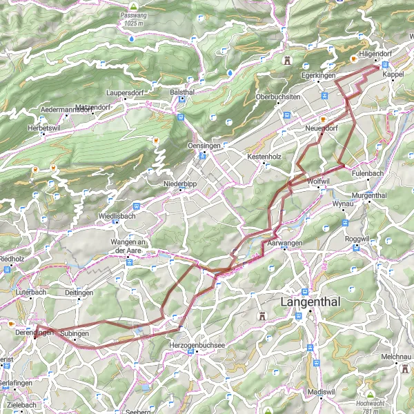 Miniature de la carte de l'inspiration cycliste "Itinéraire gravier à travers la campagne de Derendingen" dans la Espace Mittelland, Switzerland. Générée par le planificateur d'itinéraire cycliste Tarmacs.app