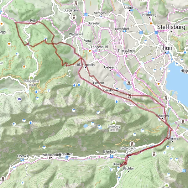 Map miniature of "Picturesque gravel cycling route near Diemtigen" cycling inspiration in Espace Mittelland, Switzerland. Generated by Tarmacs.app cycling route planner