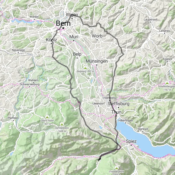 Miniaturní mapa "Silniční trasa s výhledy na jezera a hory" inspirace pro cyklisty v oblasti Espace Mittelland, Switzerland. Vytvořeno pomocí plánovače tras Tarmacs.app