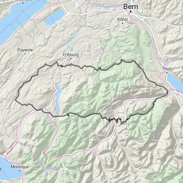 Karten-Miniaturansicht der Radinspiration "Bergauf und Bergab" in Espace Mittelland, Switzerland. Erstellt vom Tarmacs.app-Routenplaner für Radtouren