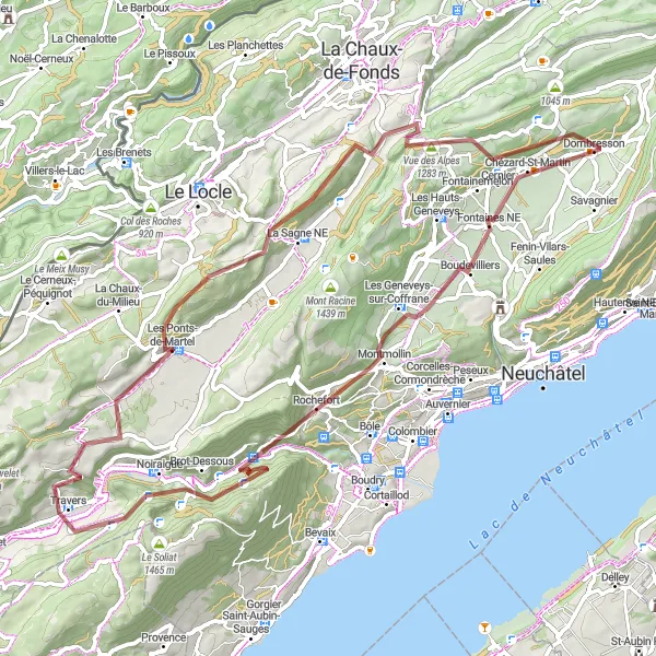 Kartminiatyr av "Utfordrende sykkeltur til Vue des Alpes fra Dombresson" sykkelinspirasjon i Espace Mittelland, Switzerland. Generert av Tarmacs.app sykkelrutoplanlegger