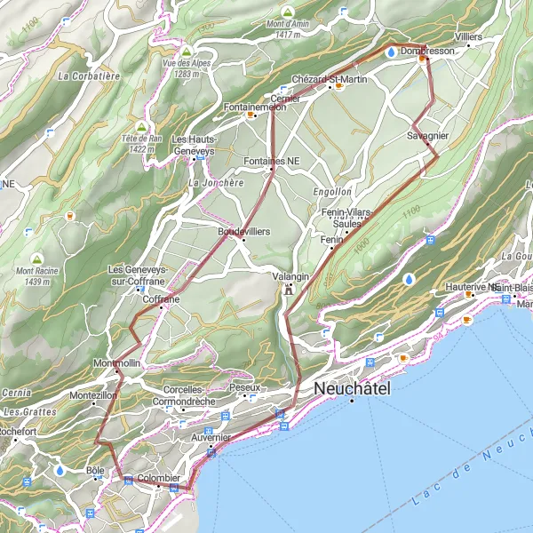 Miniatua del mapa de inspiración ciclista "Aventurera Ruta de Ciclismo de Grava Valangin-Fontainemelon" en Espace Mittelland, Switzerland. Generado por Tarmacs.app planificador de rutas ciclistas