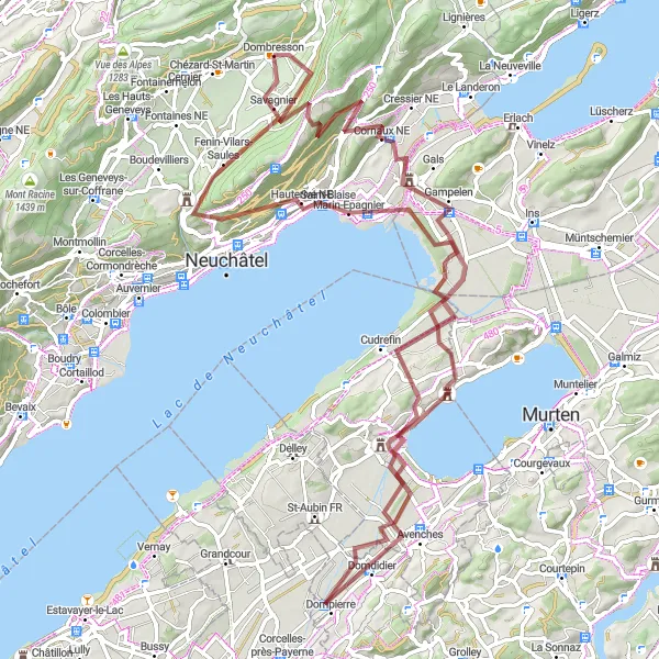 Map miniature of "Discover Dombresson: Gravel Pathways and Scenic Routes" cycling inspiration in Espace Mittelland, Switzerland. Generated by Tarmacs.app cycling route planner