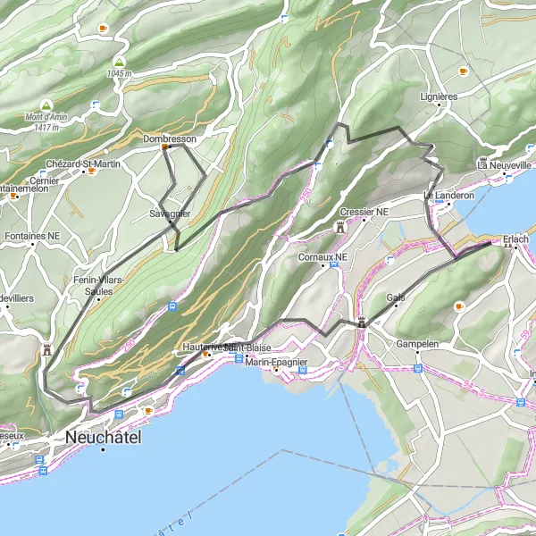 Miniaturní mapa "Krátká trasa kolem jezera Neuchâtel" inspirace pro cyklisty v oblasti Espace Mittelland, Switzerland. Vytvořeno pomocí plánovače tras Tarmacs.app