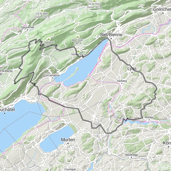 Map miniature of "The Chasseral Challenge" cycling inspiration in Espace Mittelland, Switzerland. Generated by Tarmacs.app cycling route planner